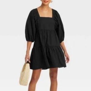 A New Day Black Mini Dress with Puff Sleeves and Square Neck Size Small NWT